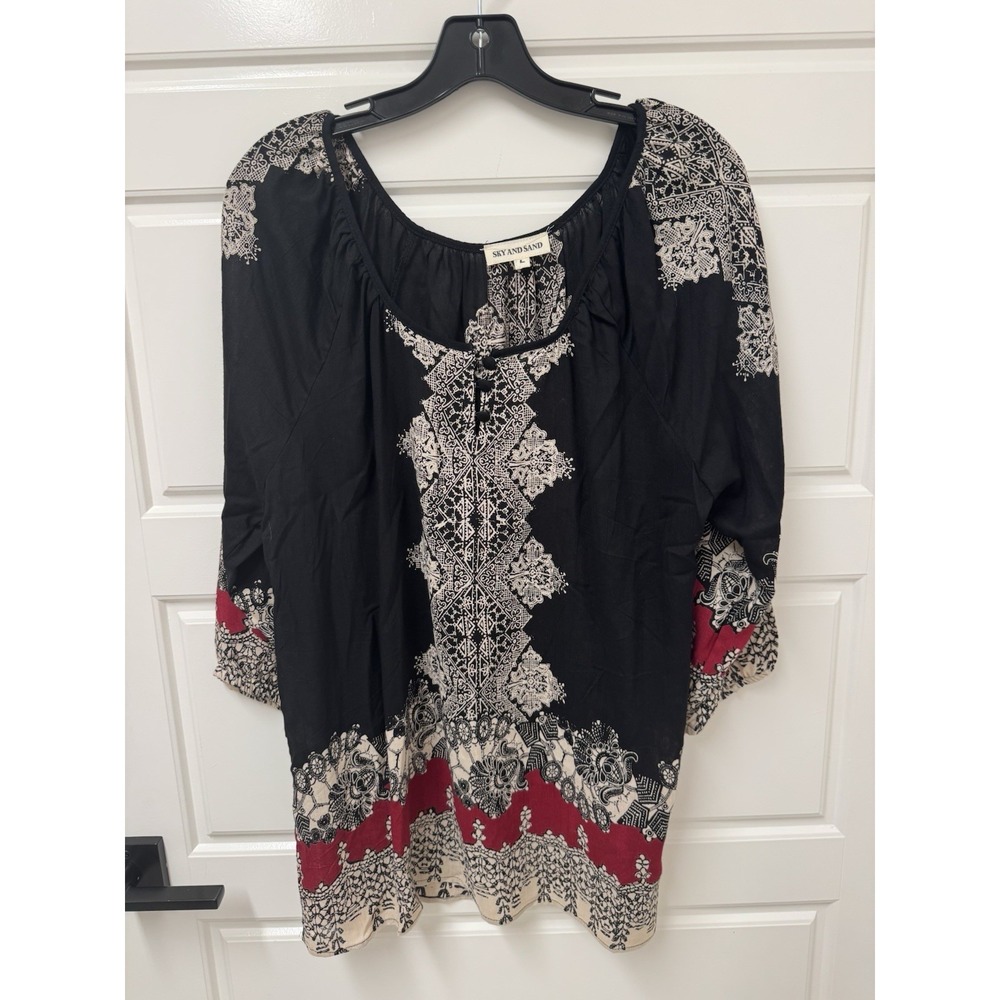 Sky And Sand Women Black Boho Print Rayon Tunic Blouse Top Large
